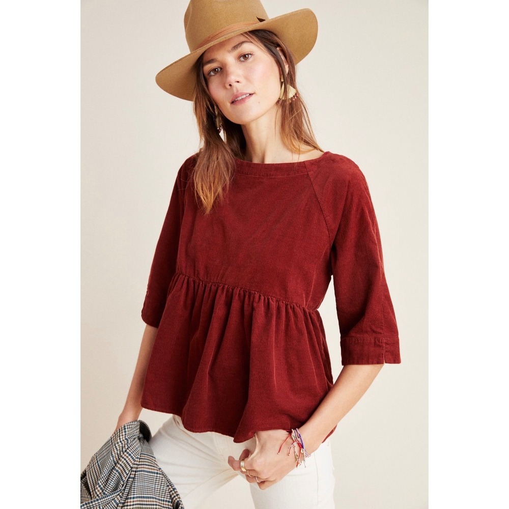 Maeve Anthropologie Corduroy Peplum Top Burgundy Button Back 3/4 Sleeves Small